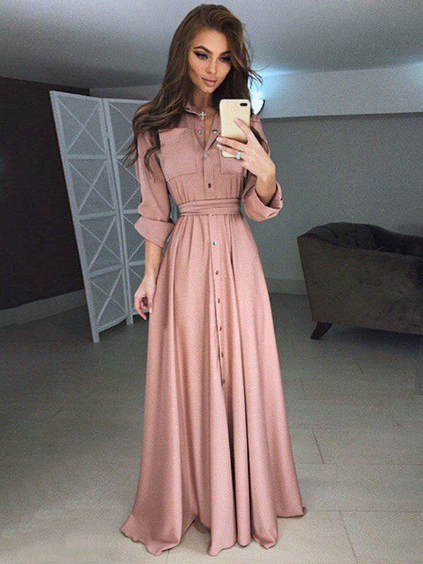 Women Maxi Dresses High Rise Stand Collar Buttons Long Sleeves Floor Length Shirt Dress