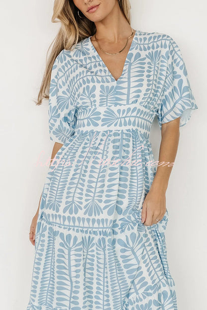 Bohemian Style Unique Printed Short Sleeve High Waist Midi Dress
