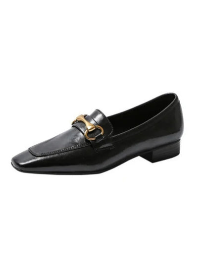 Leather Flat Shoes With Low Heel Metal Accent Square Toe