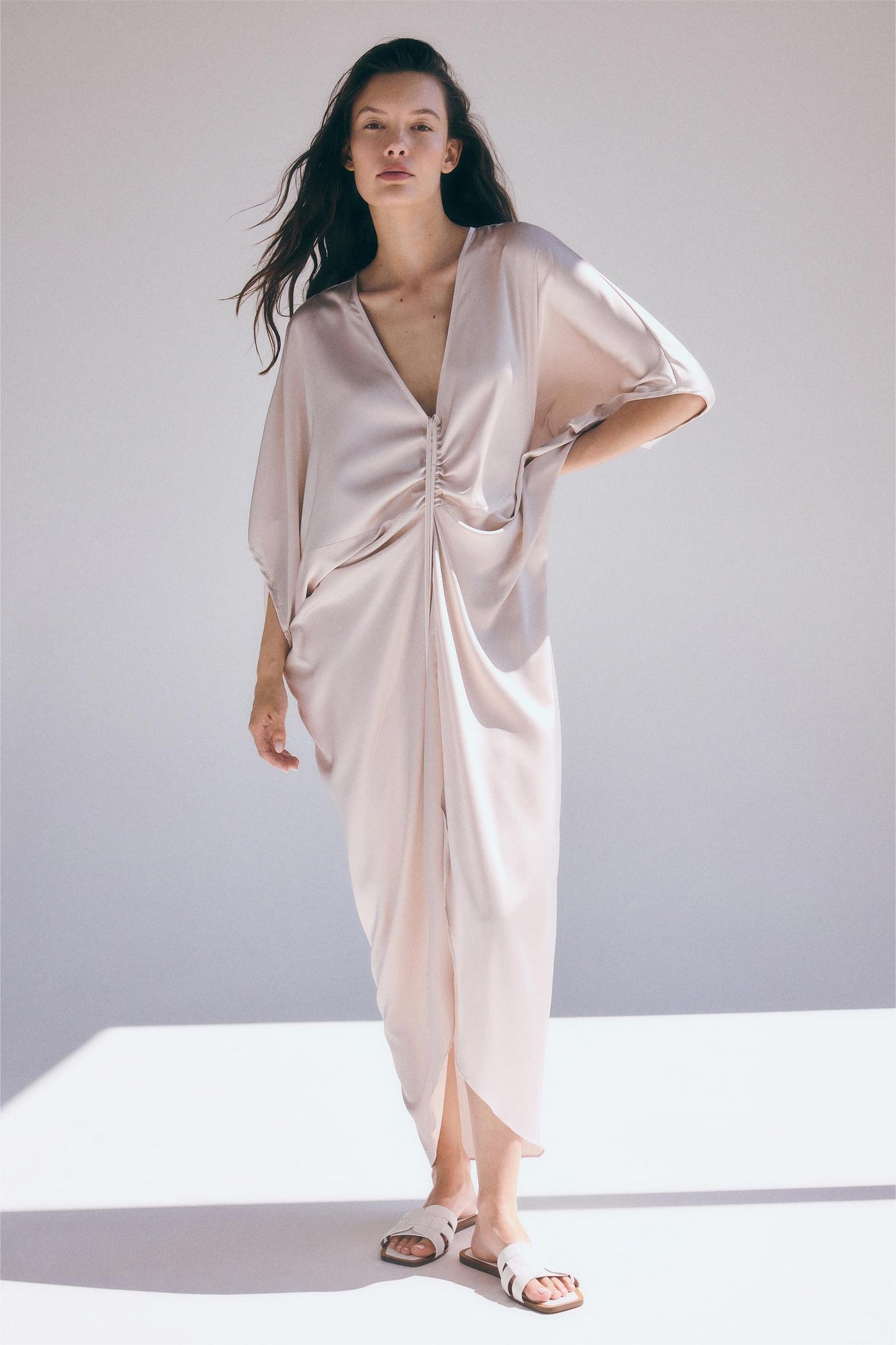 Satin V-Neck Drawstring Midi Dress