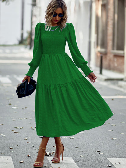 Pleated Midi Dress Lantern Sleeves Cuffs Layering Day Dresses