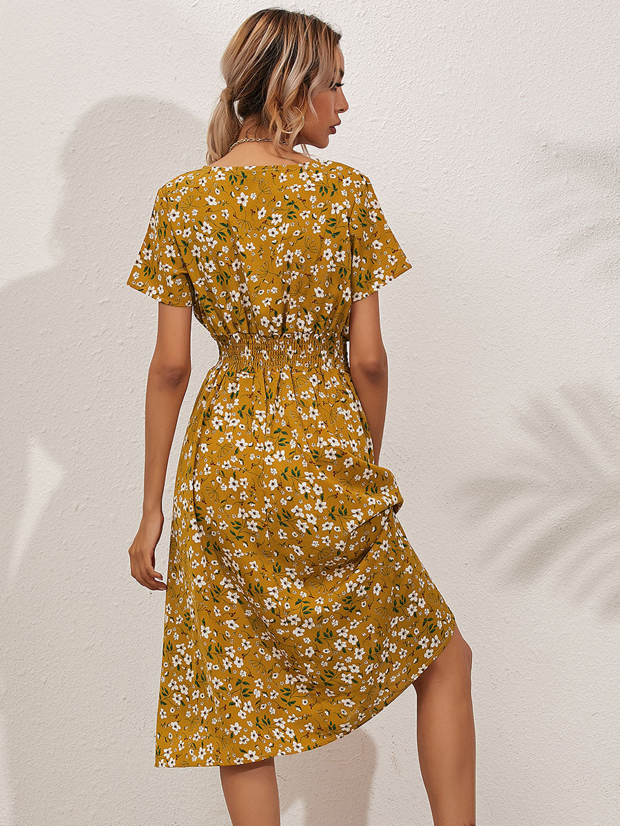 Midi Dress V-Neck Short Sleeves Floral Printed   Chic Summer Dress