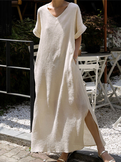 A-Line Loose Hollow Solid Color Split-Side Tied Waist V-Neck Midi Dresses