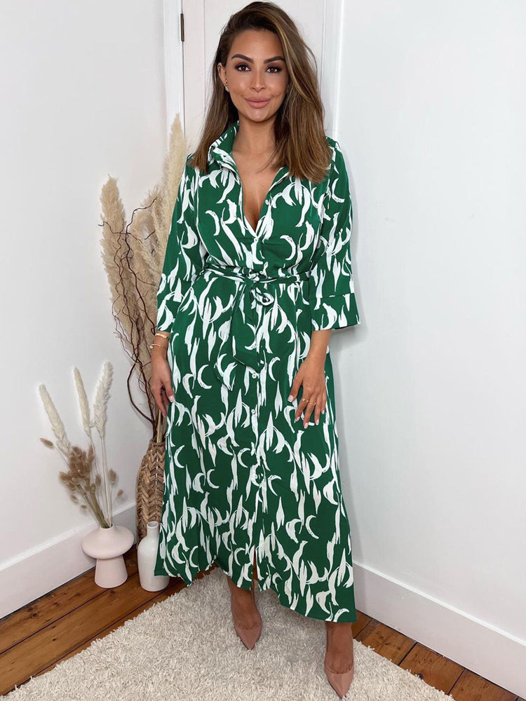 Shirt Midi Dress Green Turndown Collar Split Front Long Sleeves Geometric Layered Dress