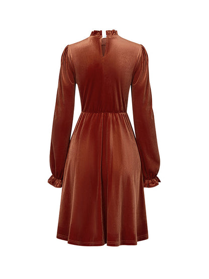 A-Line High Waisted Hollow Ruffled Solid Color Velvet Mock Neck Mini Dresses