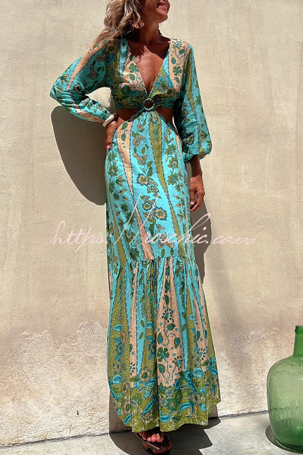 Surprised By You Printed Side Cutout Elastic Waist Maxi Dress