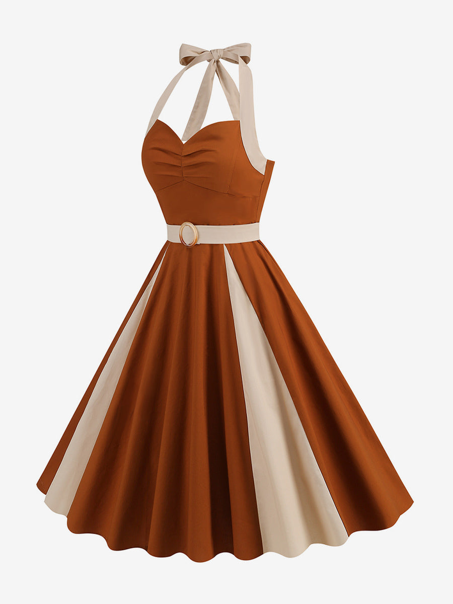 Retro Dress Halter Pleated Ring Detail Two-Tone A-Line Midi Dress