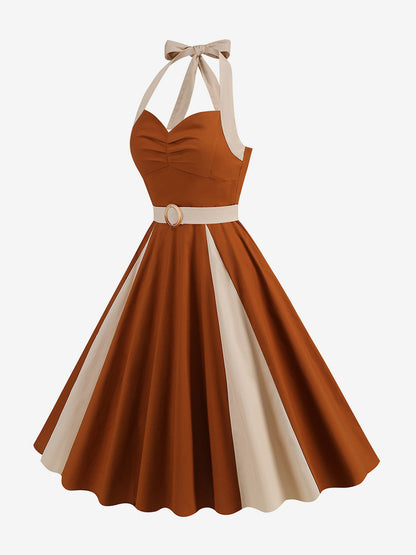 Retro Dress Halter Pleated Ring Detail Two-Tone A-Line Midi Dress