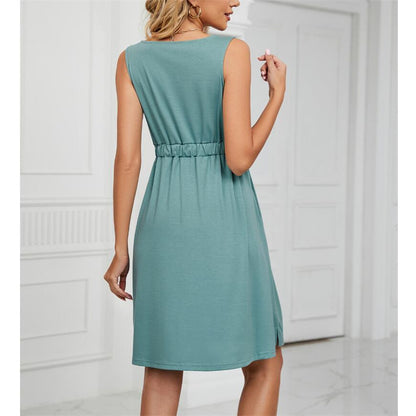 Solid Color Sleeveless Mini Dress with Button Details