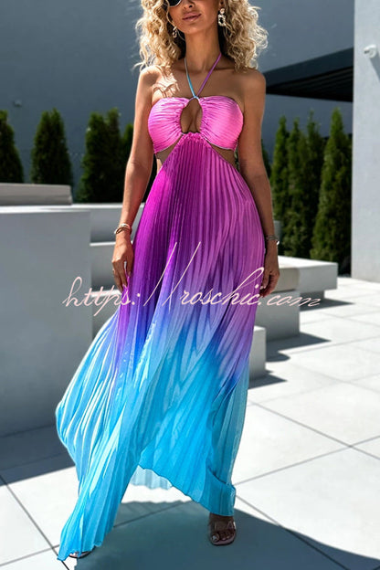 Get Ready Beautiful Gradient Print Cutout Halterneck Pleated Maxi Dress
