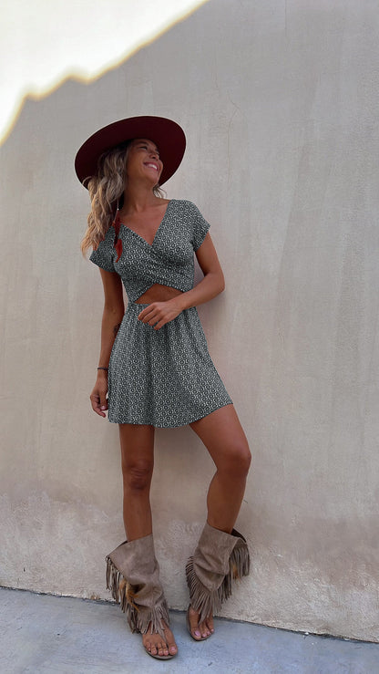 State of Bliss Printed Hollow Reversible Two Ways Stretch Mini Dress