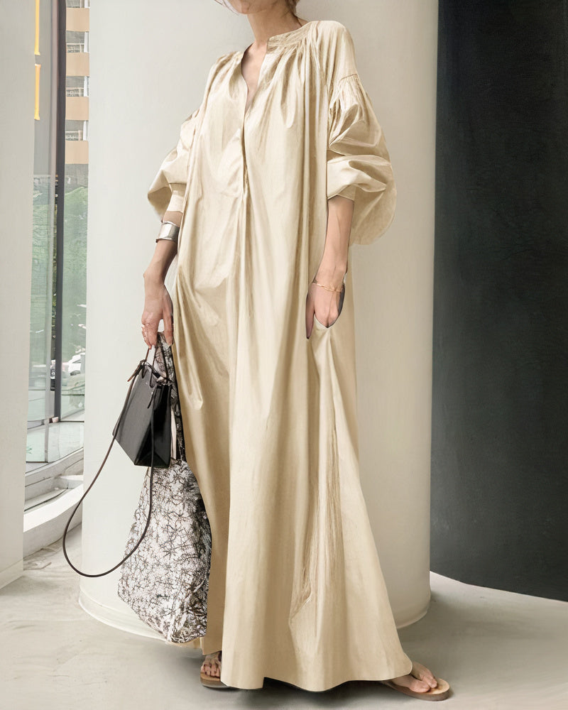 Deep V-Neck Puff Sleeve Pocket Caftan Maxi Dress