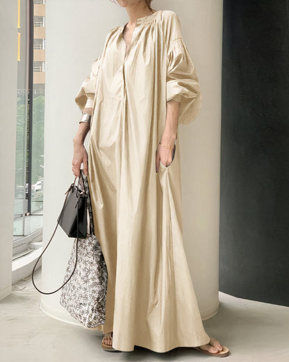 Deep V-Neck Puff Sleeve Pocket Caftan Maxi Dress
