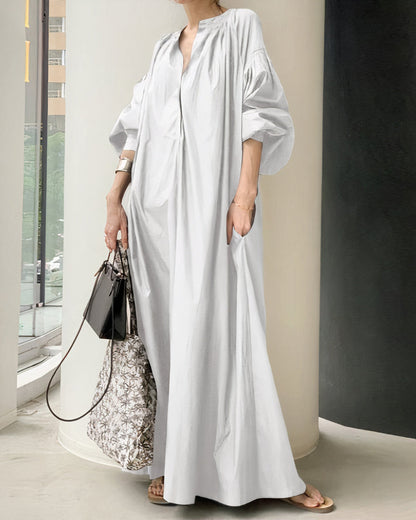 Deep V-Neck Puff Sleeve Pocket Caftan Maxi Dress