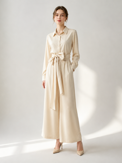Linen Cotton 2 Piece Set For Women - Elegant Long Sleeves Belted Shirt And Wide Leg Pants - Summer Resort Style 2026