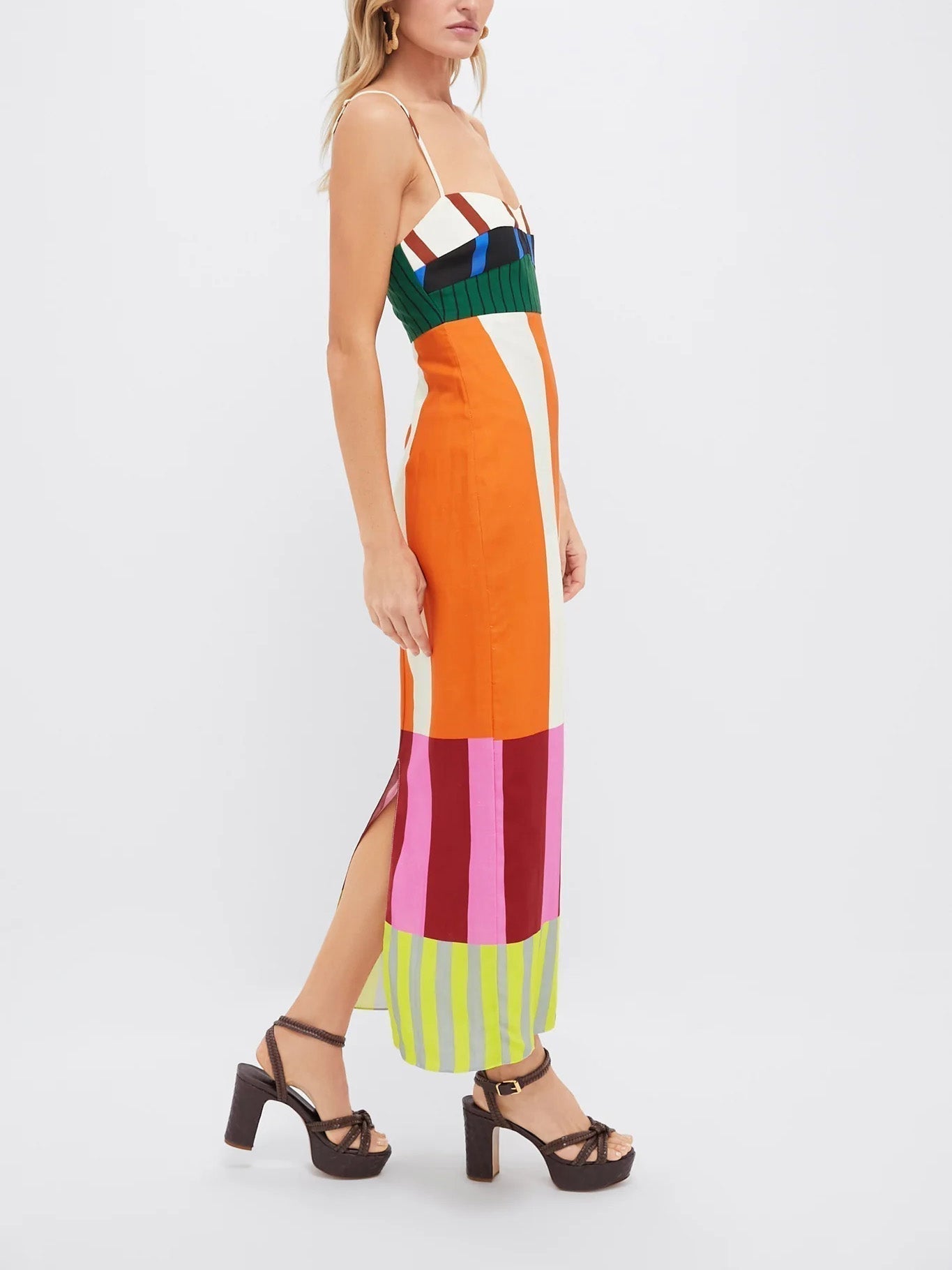 Square Neck Spaghetti Strap Color Block Panel Stripe Midi Dress