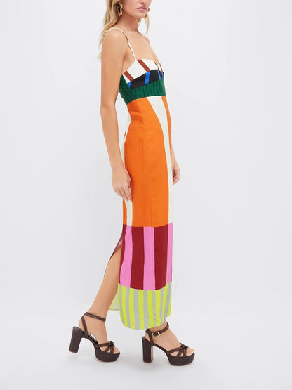 Square Neck Spaghetti Strap Color Block Panel Stripe Midi Dress