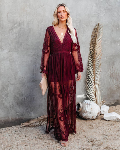 Lace Embroidered Deep V-Neck Bishop Sleeve High Split Sheer Maxi Dress