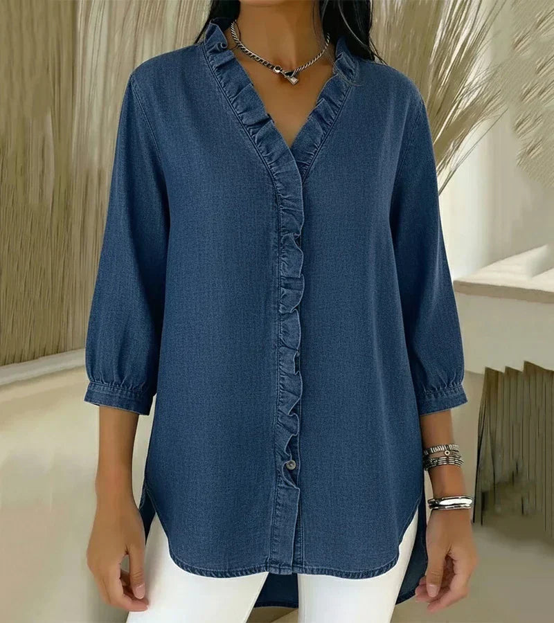 Women’s V-Neck Denim Blouse - Long Sleeve Ruffle Detail Top