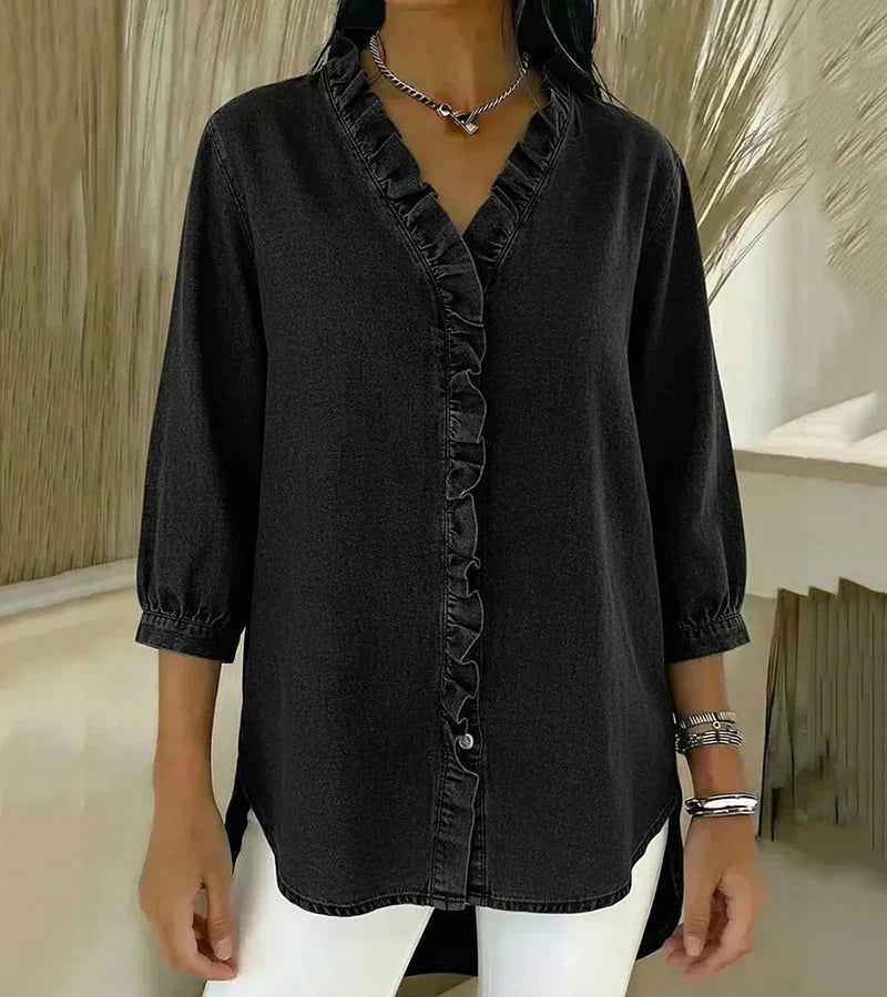 Women’s V-Neck Denim Blouse - Long Sleeve Ruffle Detail Top