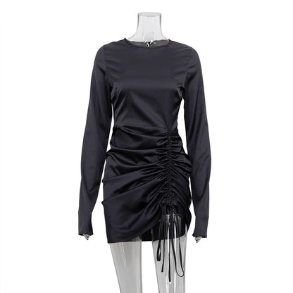 Early Long Sleeved Gloves Drawstring Satin Drape Dress Hip Dress