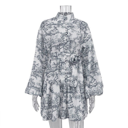 Early National Ink Printing Short Dress Puff Sleeve StUp Collar Tie Retro A Line Dress