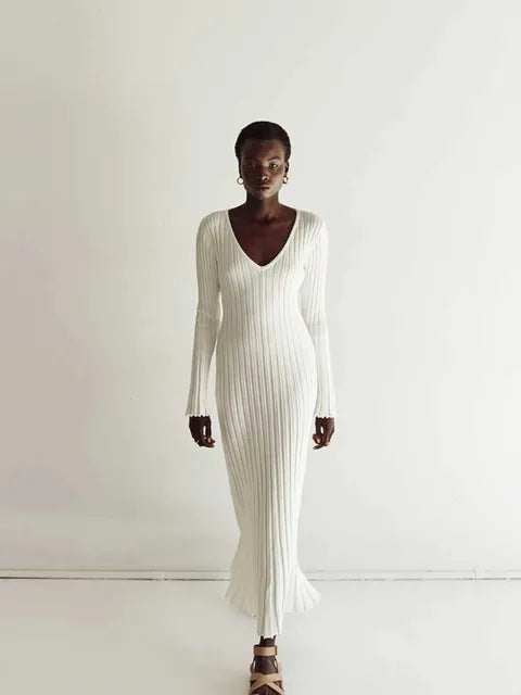 Ribbed Knit V-Neck Lettuce Hem Cuff Column Maxi Dress