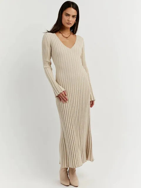 Ribbed Knit V-Neck Lettuce Hem Cuff Column Maxi Dress