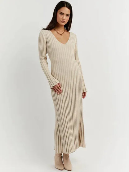 Ribbed Knit V-Neck Lettuce Hem Cuff Column Maxi Dress