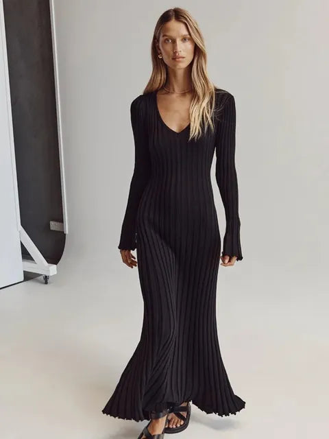 Ribbed Knit V-Neck Lettuce Hem Cuff Column Maxi Dress
