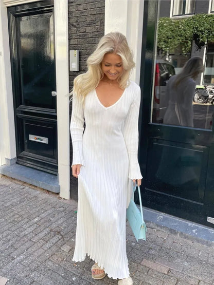 Ribbed Knit V-Neck Lettuce Hem Cuff Column Maxi Dress