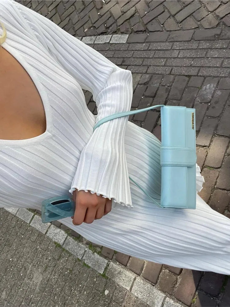 Ribbed Knit V-Neck Lettuce Hem Cuff Column Maxi Dress