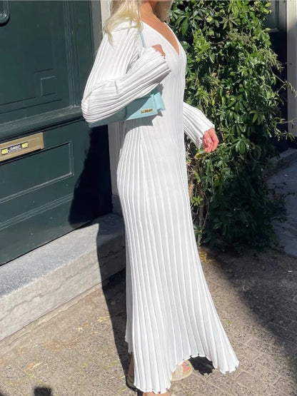 Ribbed Knit V-Neck Lettuce Hem Cuff Column Maxi Dress