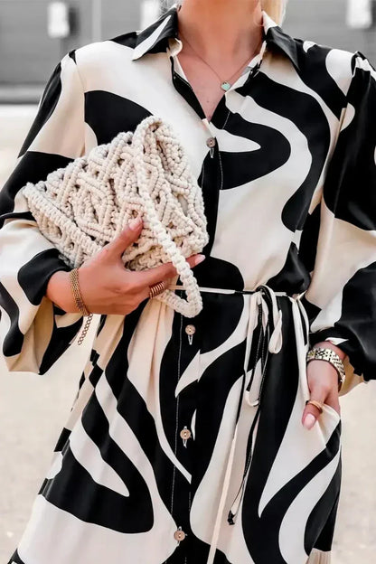 Abstract Swirl Print High Neck Balloon Sleeve Tiered Midi Dress