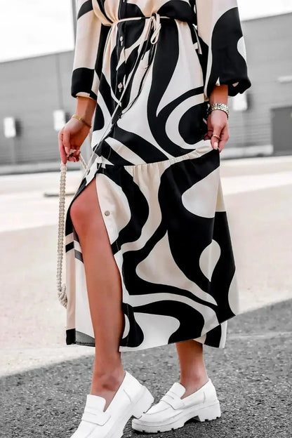 Abstract Swirl Print High Neck Balloon Sleeve Tiered Midi Dress