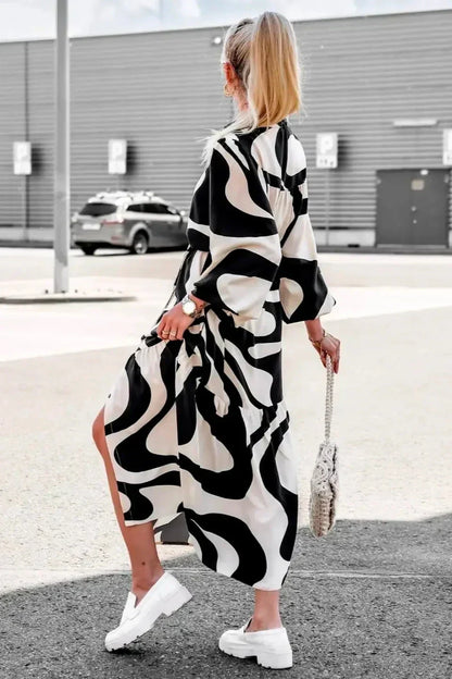 Abstract Swirl Print High Neck Balloon Sleeve Tiered Midi Dress