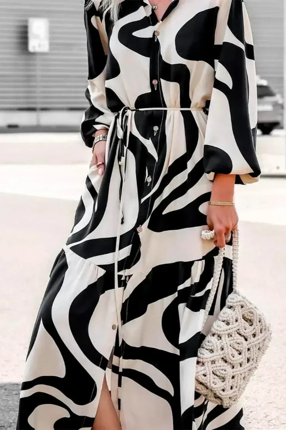 Abstract Swirl Print High Neck Balloon Sleeve Tiered Midi Dress