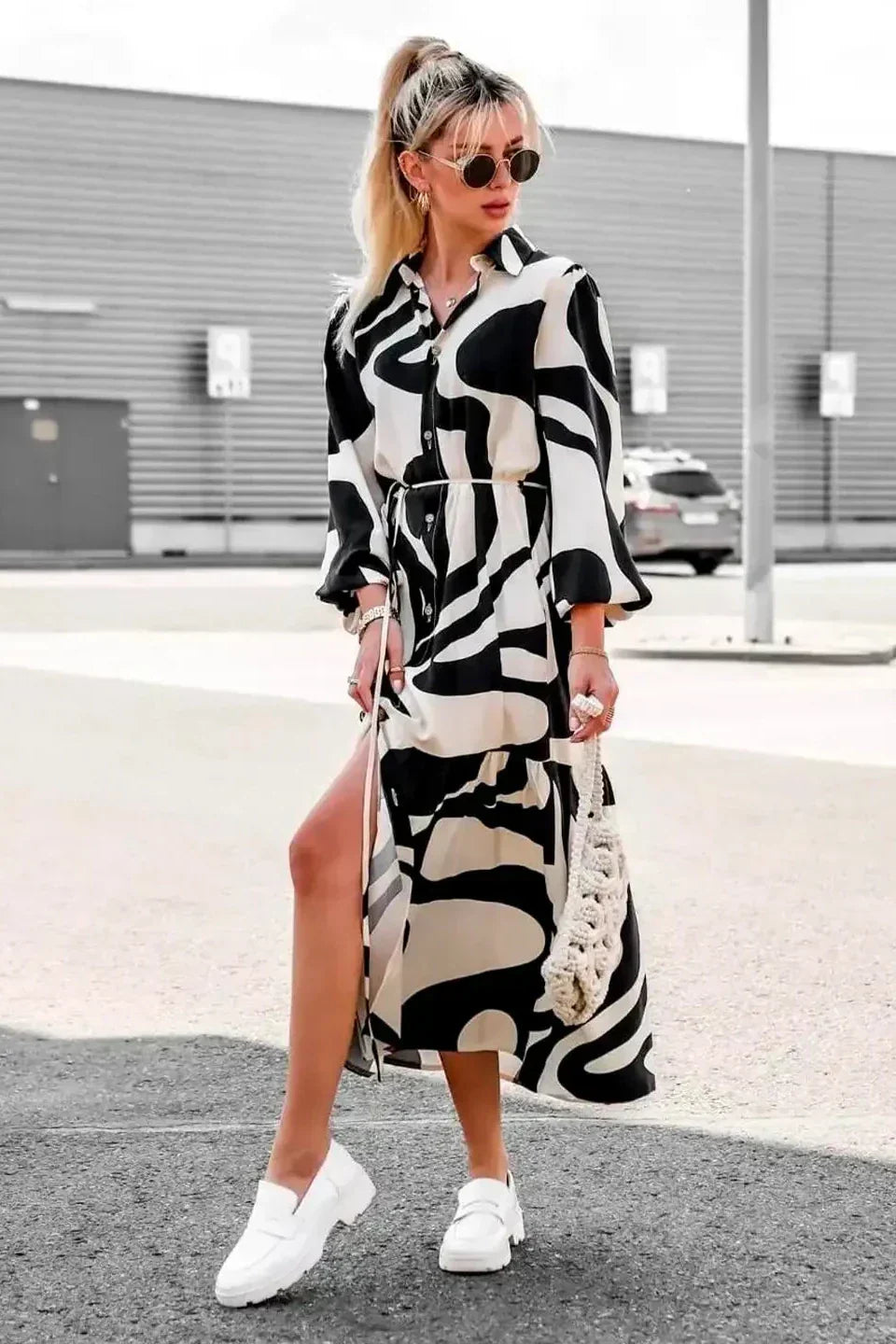 Abstract Swirl Print High Neck Balloon Sleeve Tiered Midi Dress