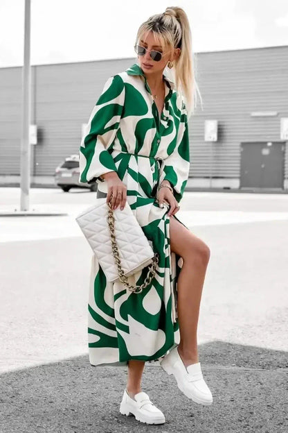 Abstract Swirl Print High Neck Balloon Sleeve Tiered Midi Dress