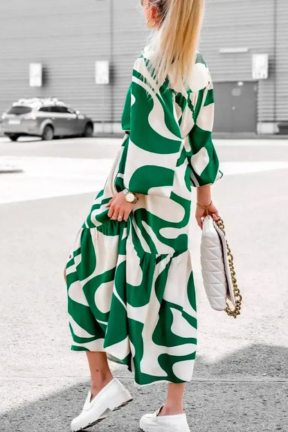 Abstract Swirl Print High Neck Balloon Sleeve Tiered Midi Dress