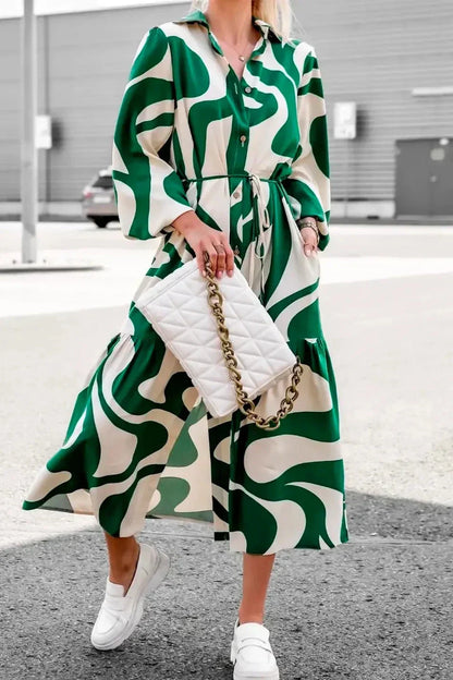 Abstract Swirl Print High Neck Balloon Sleeve Tiered Midi Dress