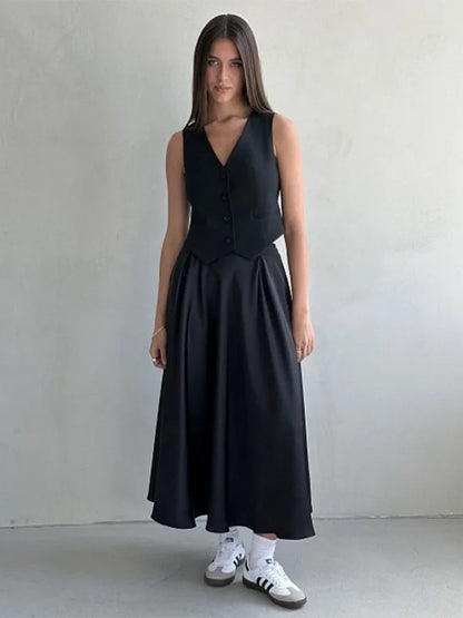 DressBetty - Elegant Satin Loose High Waist Maxi Streetwear Fashion Black Skirt