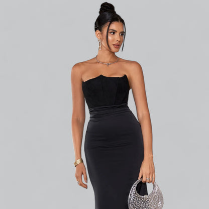 Elegant Strapless Corset Velvet Sheath Maxi Dress