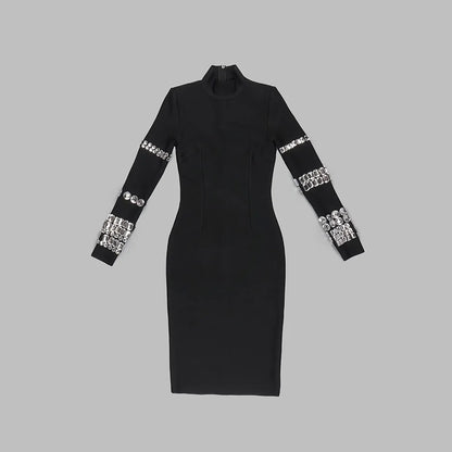 DressBetty - 2024 Luxurious Long Sleeve Diamond Black Evening Bodycon Dress