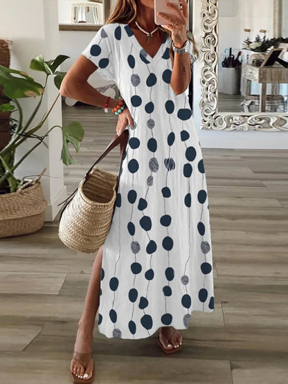 V Neck Short Sleeve Geometric Polka Dot Print Flowy Maxi Dress