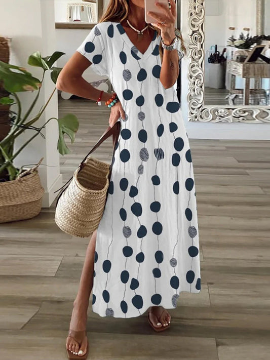 V Neck Short Sleeve Geometric Polka Dot Print Flowy Maxi Dress