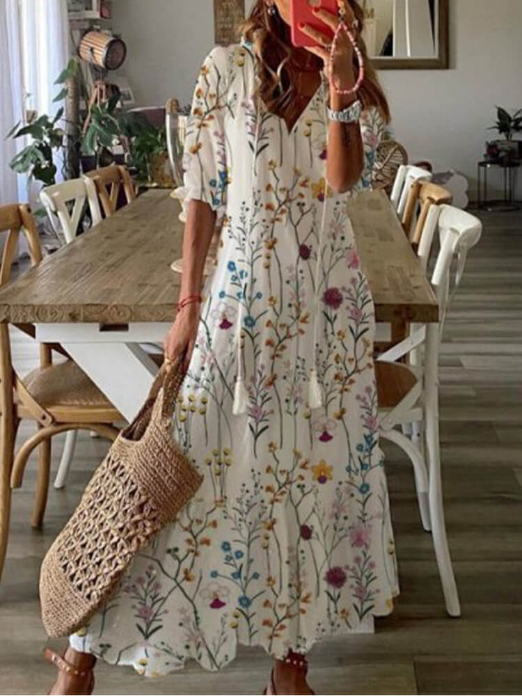 Deep V Tassel Tie Flutter Sleeve Wildflower Print Maxi Dress