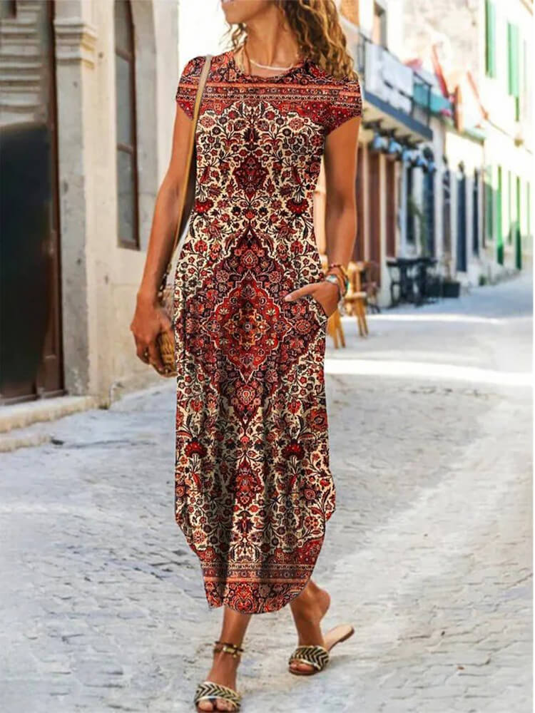 Crew Neck Cap Sleeve Ethnic Medallion Print Pocket Maxi Dress
