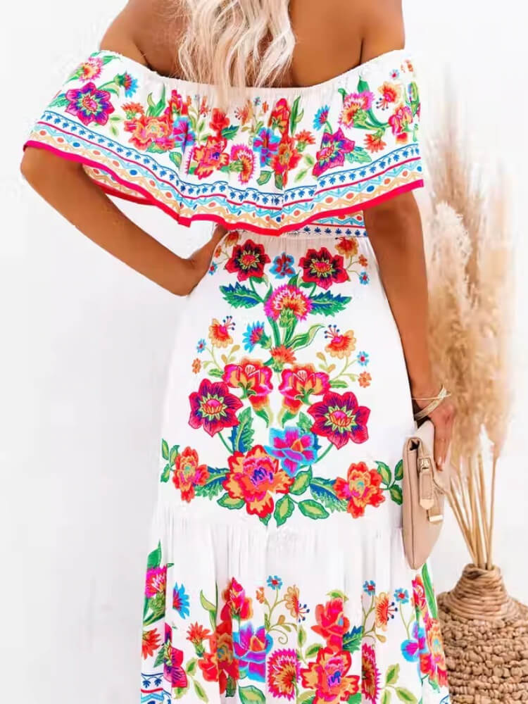 Off Shoulder Ruffle Trim Belted Tiered Floral Print Maxi Dress