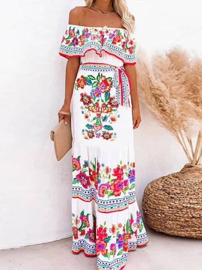 Off Shoulder Ruffle Trim Belted Tiered Floral Print Maxi Dress